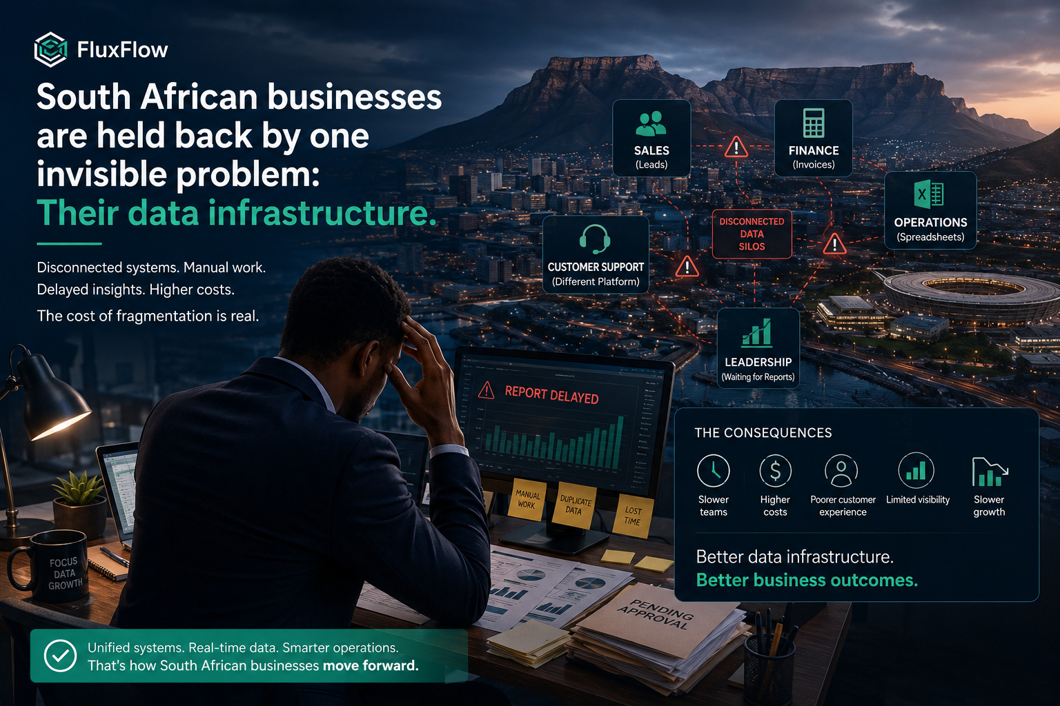 South African business professional overwhelmed by disconnected data systems, delayed reporting, and fragmented operational infrastructure in Cape Town cityscape background. FluxFlow automation and centralized business systems concept for South African digital transformation and workflow efficiency.