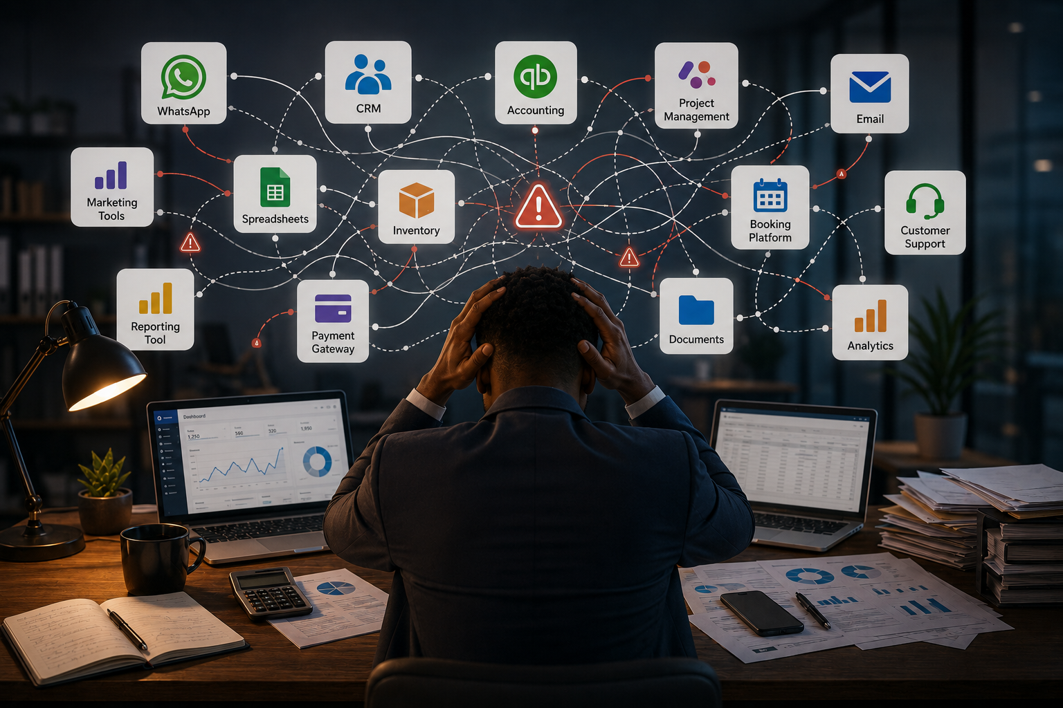 Overwhelmed South African SME owner struggling with disconnected business systems, fragmented software tools, spreadsheets, and operational inefficiencies. Visual representation of poor system integration, manual workflows, and business automation challenges for SMEs in South Africa.