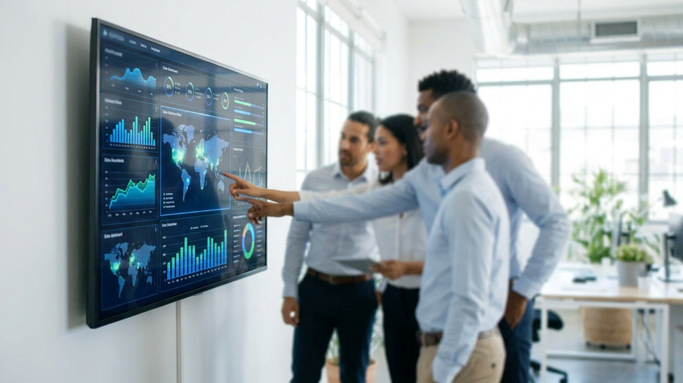 Operations team in soft focus around one shared screen showing unified data