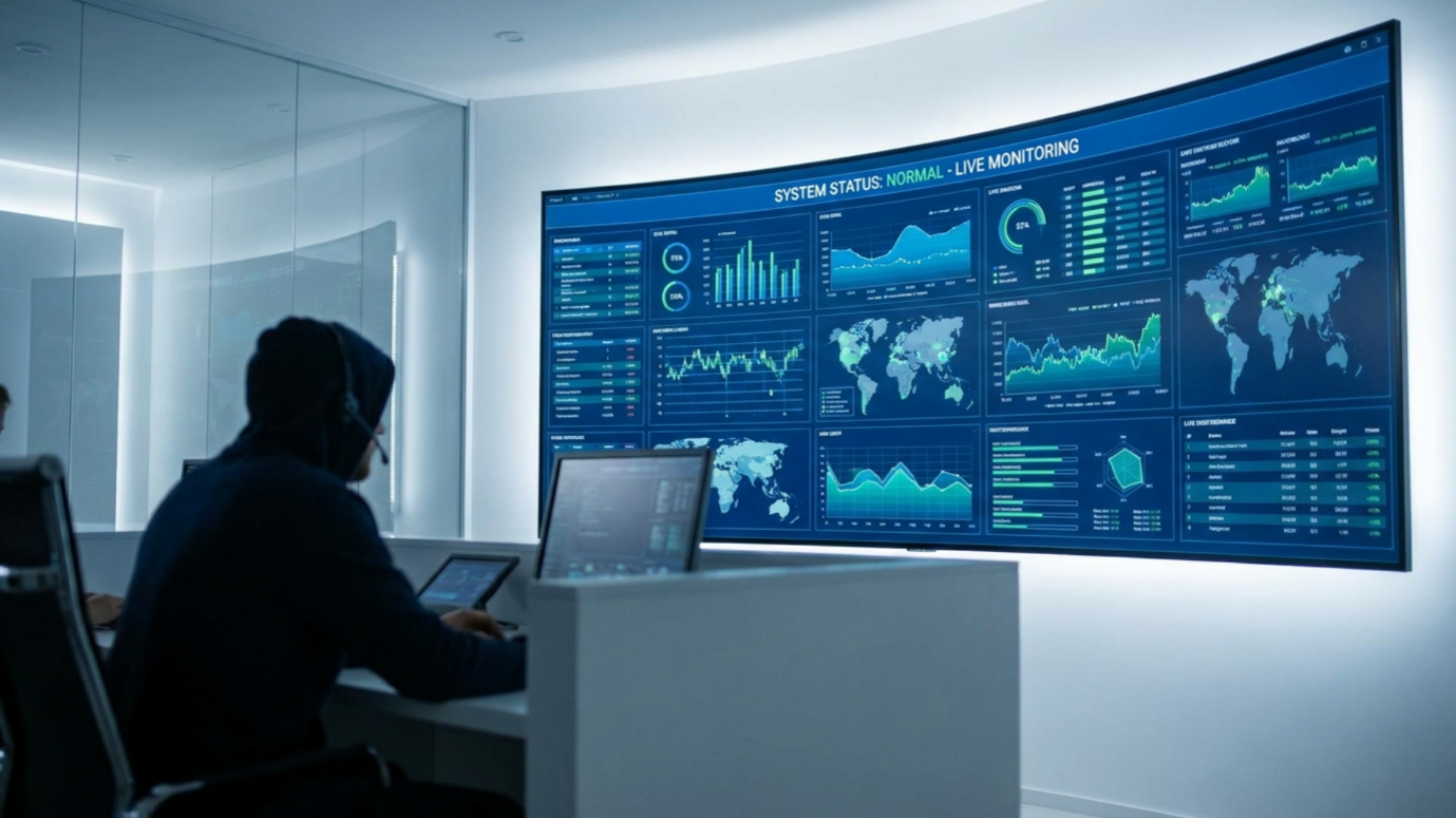 Operator in soft focus monitoring a calm live operations dashboard on a wide screen