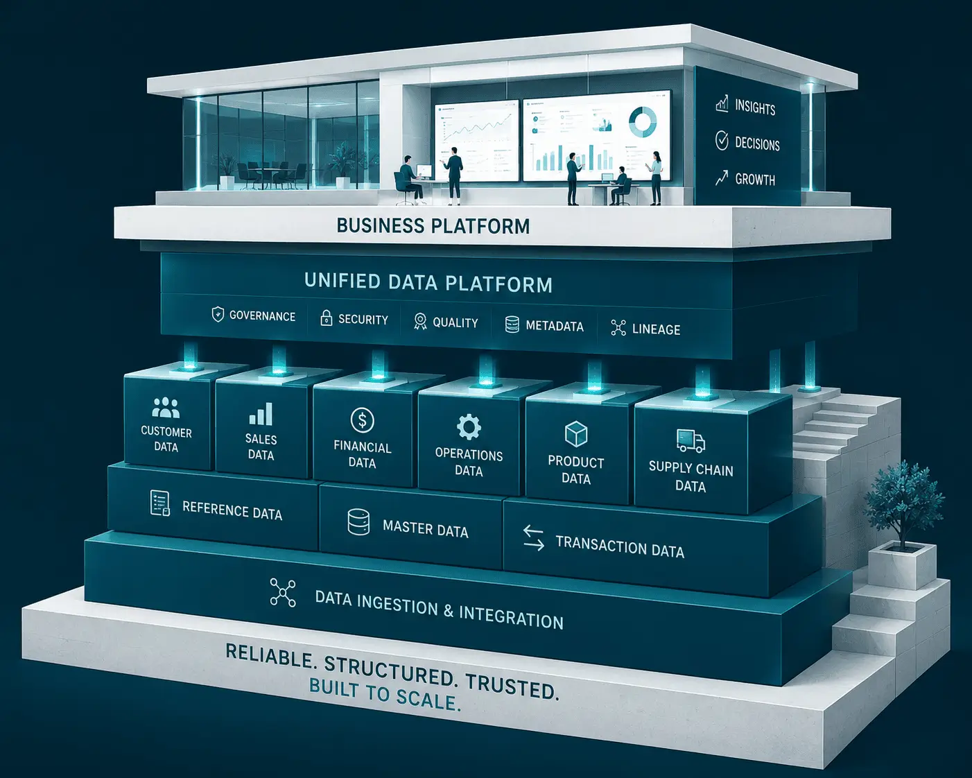 A unified data platform stack connecting business data domains with governance, quality, and lineage.
