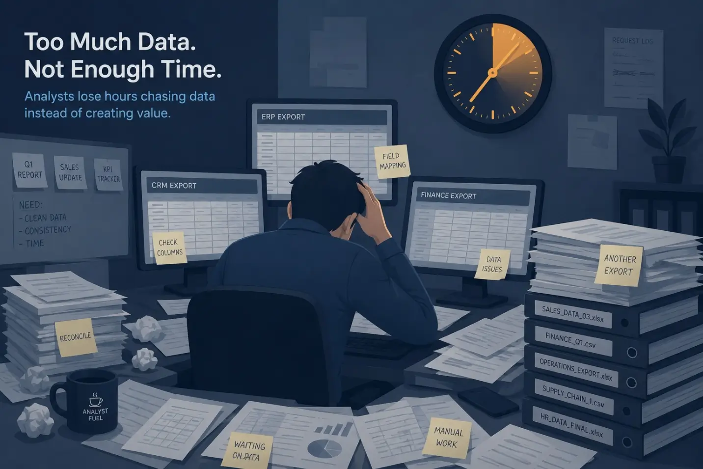 Analysts lose time reconciling exports and spreadsheets when data is fragmented.